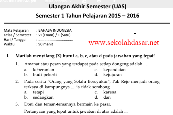Soal Ujian Sekolah Bahasa Indonesia Sd Kelas 6 2015